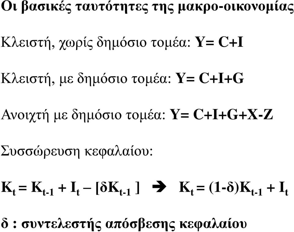 δημόσιο τομέα: Y= C+I+G+X-Z Συσσώρευση κεφαλαίου: K t = K t-1 + I