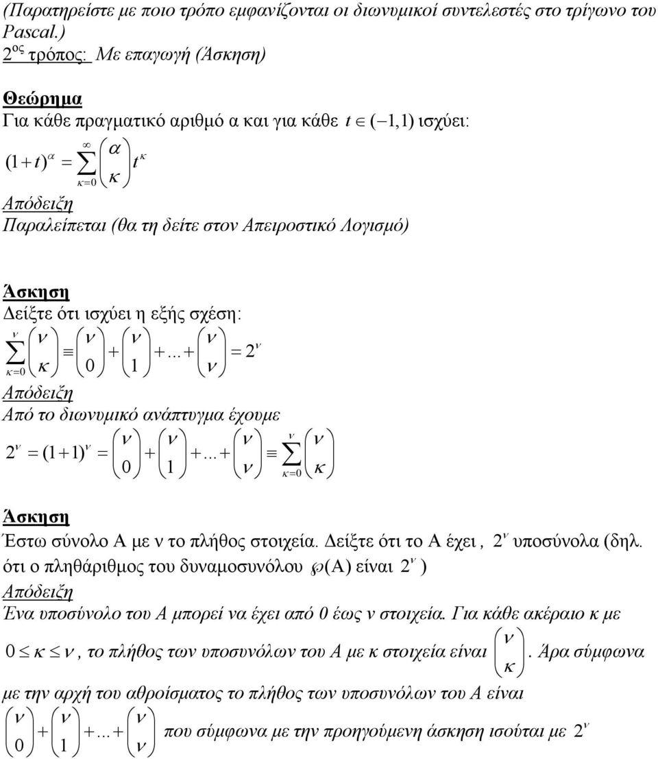 ότι ισχύει η εξής σχέση: + +... + = 2 κ = 0 0 Από το διωυμικό αάπτυγμα έχουμε 2 = (1 + 1) = + +... + 0 κ = 0 Άσκηση Έστω σύολο Α με το πλήθος στοιχεία. Δείξτε ότι το Α έχει, 2 υποσύολα (δηλ.