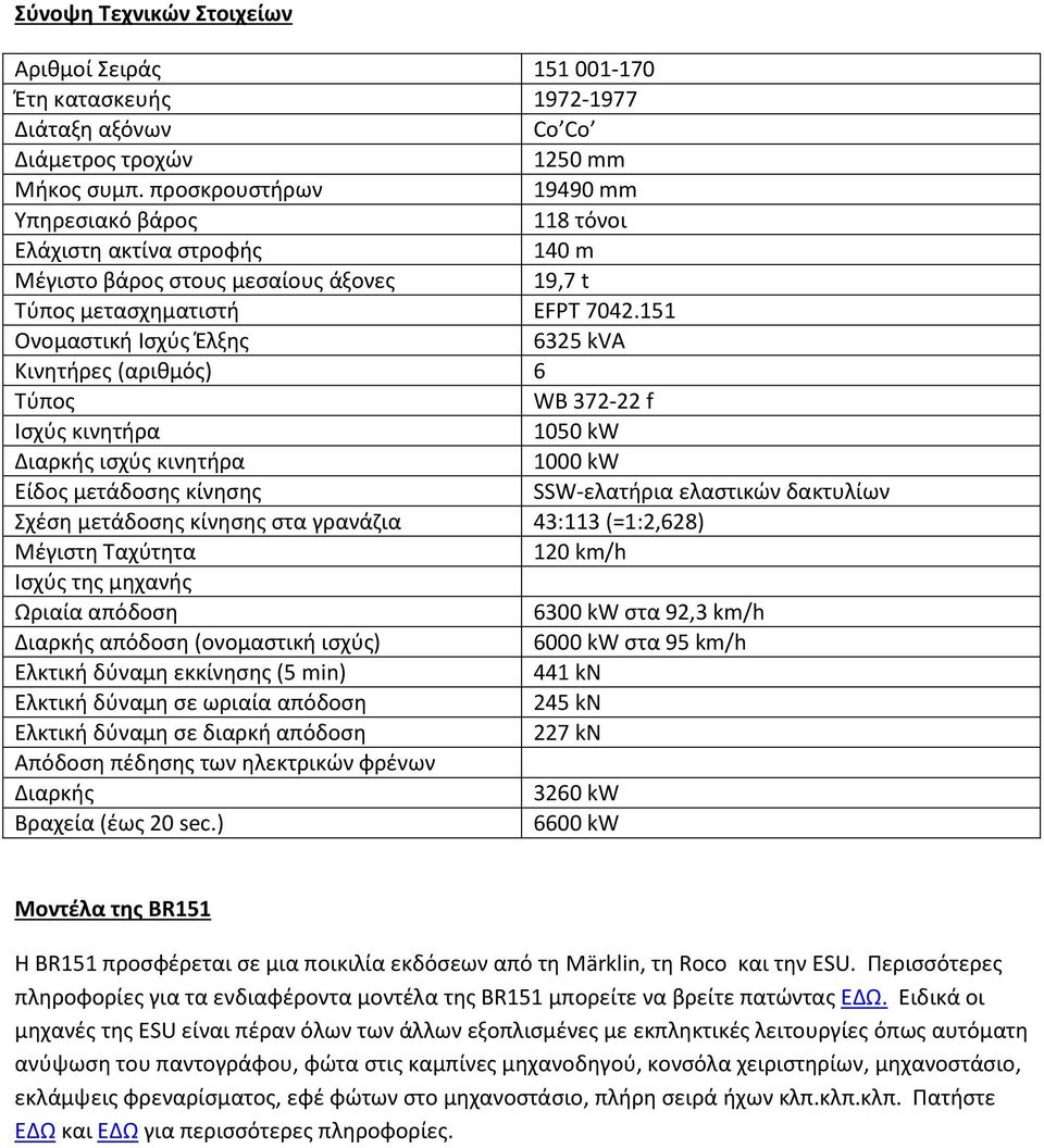 151 Ονομαστική Ισχύς Έλξης 6325 kva Κινητήρες (αριθμός) 6 Τύπος WB 372-22 f Ισχύς κινητήρα 1050 kw Διαρκής ισχύς κινητήρα 1000 kw Είδος μετάδοσης κίνησης SSW-ελατήρια ελαστικών δακτυλίων Σχέση