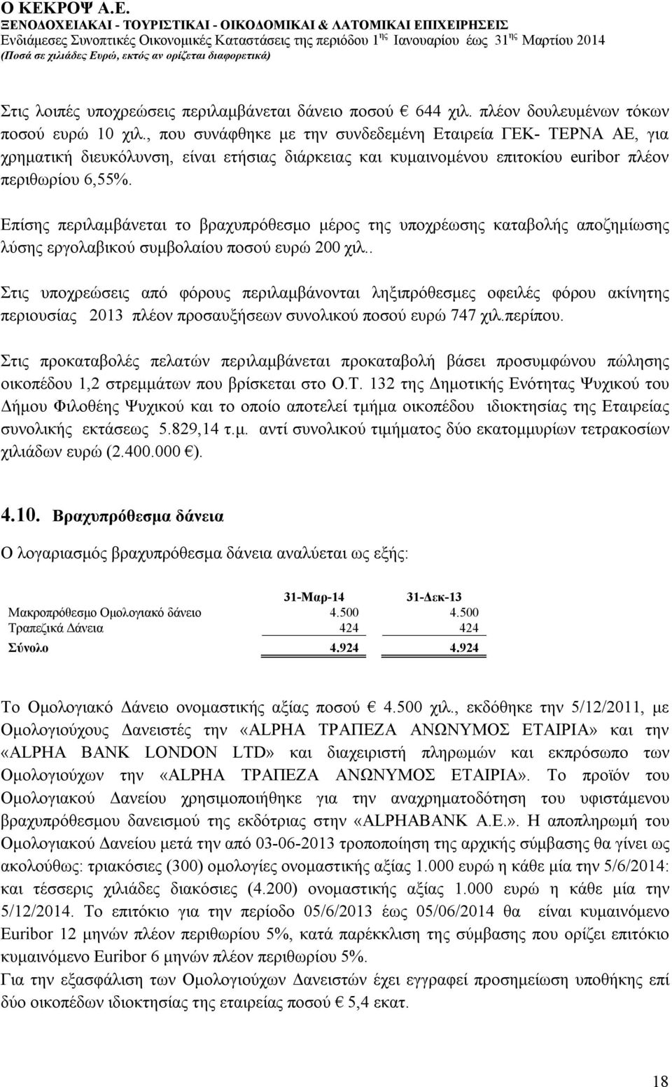 Επίσης περιλαμβάνεται το βραχυπρόθεσμο μέρος της υποχρέωσης καταβολής αποζημίωσης λύσης εργολαβικού συμβολαίου ποσού ευρώ 200 χιλ.