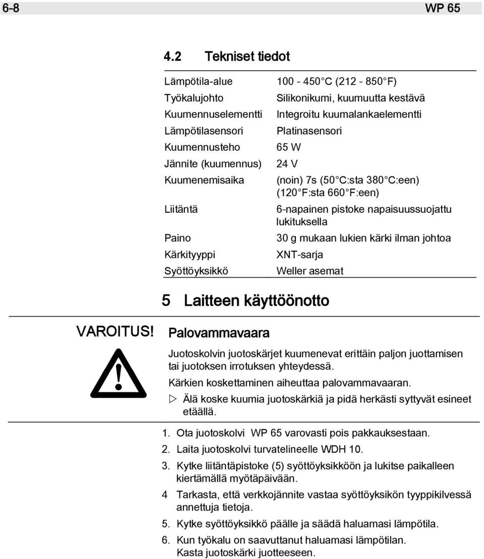 Silikonikumi, kuumuutta kestävä Integroitu kuumalankaelementti Platinasensori 65 W 24 V (noin) 7s (50 C:sta 380 C:een) (120 F:sta 660 F:een) 6-napainen pistoke napaisuussuojattu lukituksella 30 g