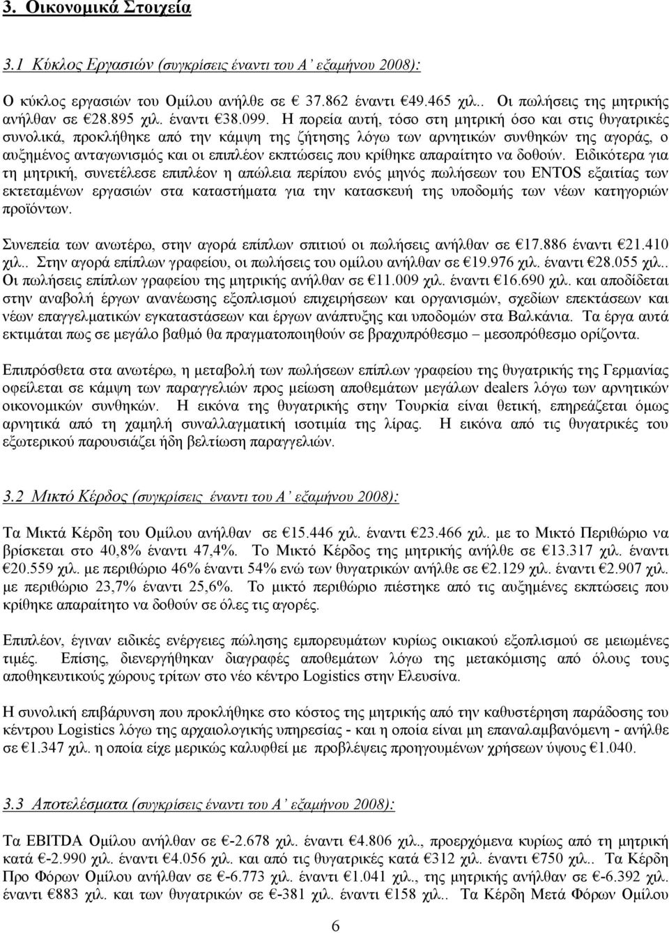 Η πορεία αυτή, τόσο στη μητρική όσο και στις θυγατρικές συνολικά, προκλήθηκε από την κάμψη της ζήτησης λόγω των αρνητικών συνθηκών της αγοράς, ο αυξημένος ανταγωνισμός και οι επιπλέον εκπτώσεις που