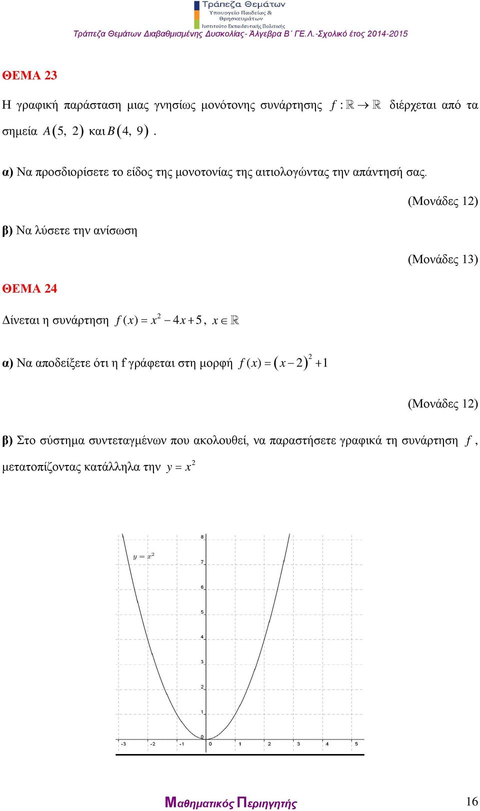 (Μονάδες 1) β) Να λύσετε την ανίσωση ΘΕΜΑ 4 Δίνεται η συνάρτηση f ( x) x 4x 5, x f ( x) x 1 α) Να αποδείξετε ότι η f