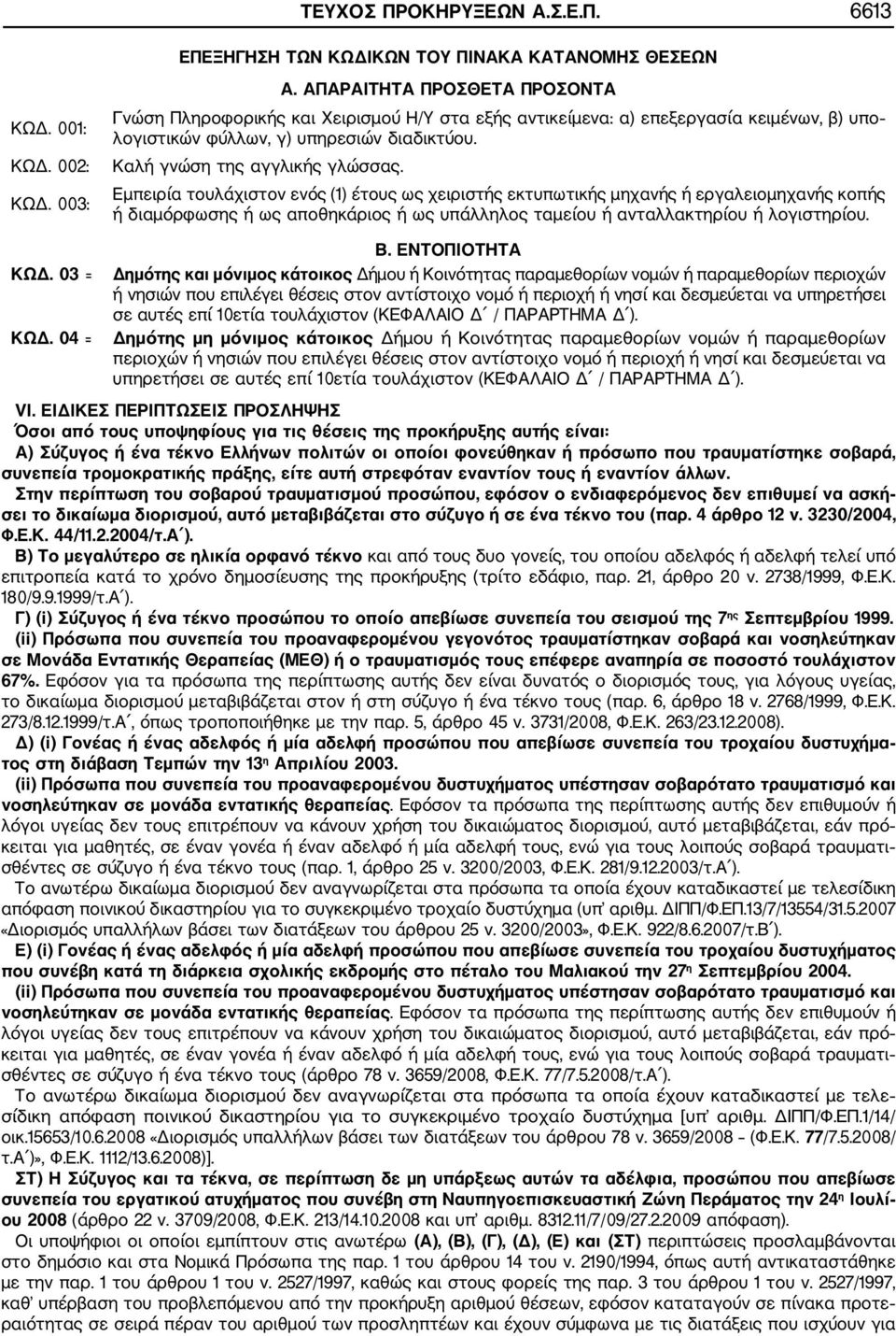 Εμπειρία τουλάχιστον ενός (1) έτους ως χειριστής εκτυπωτικής μηχανής ή εργαλειομηχανής κοπής ή διαμόρφωσης ή ως αποθηκάριος ή ως υπάλληλος ταμείου ή ανταλλακτηρίου ή λογιστηρίου. ΚΩΔ. 03 = ΚΩΔ.