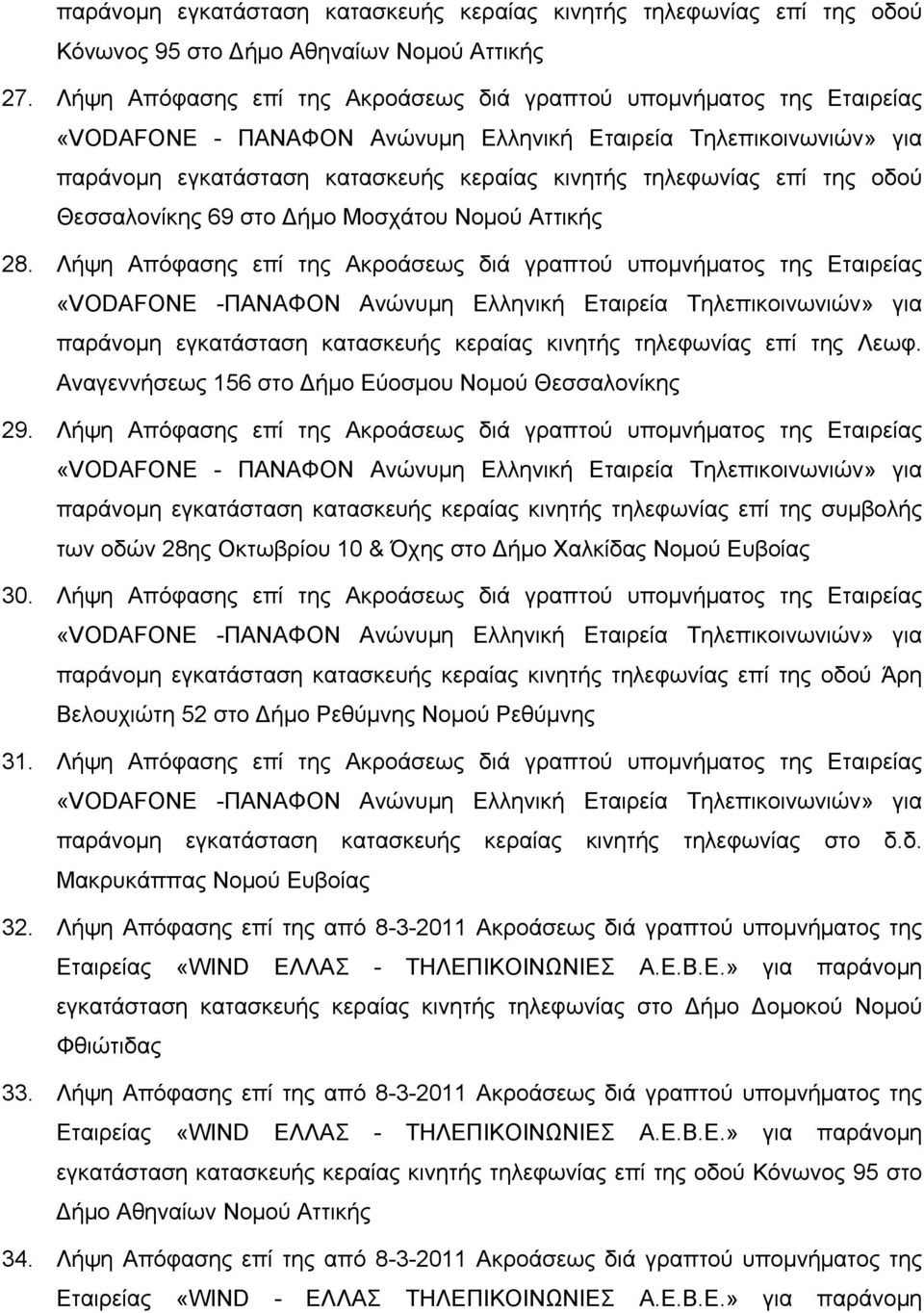 Λήψη Απόφασης επί της Ακροάσεως διά γραπτού υπομνήματος της Εταιρείας παράνομη εγκατάσταση κατασκευής κεραίας κινητής τηλεφωνίας επί της Λεωφ. Αναγεννήσεως 156 στο Δήμο Εύοσμου Νομού Θεσσαλονίκης 29.