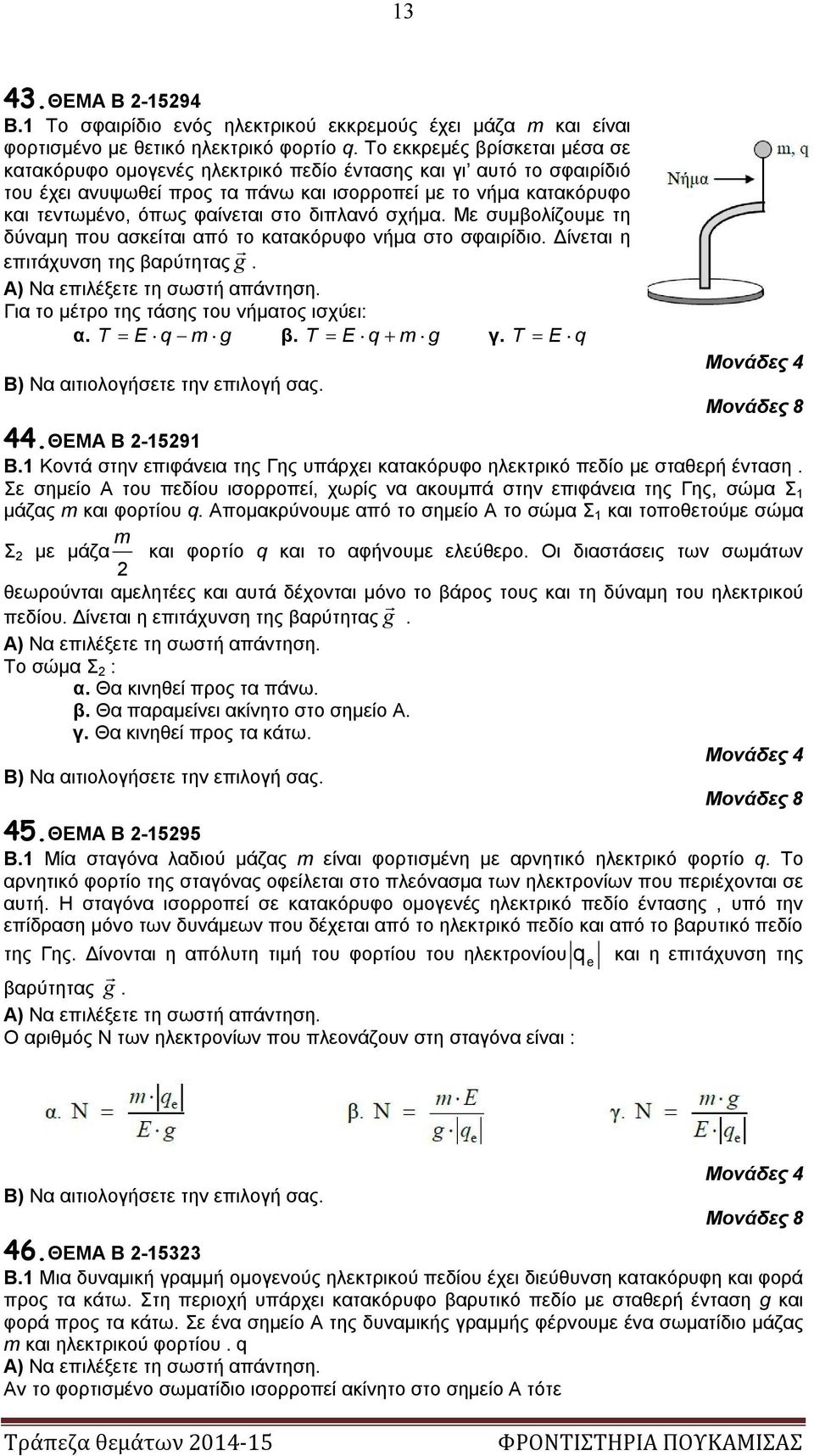 διπλανό σχήμα. Με συμβολίζουμε τη δύναμη που ασκείται από το κατακόρυφο νήμα στο σφαιρίδιο. Δίνεται η επιτάχυνση της βαρύτητας g. Για τo μέτρο της τάσης του νήματος ισχύει: α. T E q m g β.