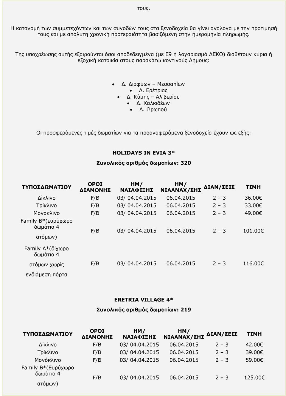 Ωρωπού Οι προσφερόµενες τιµές δωµατίων για τα προαναφερόµενα ξενοδοχεία έχουν ως εξής: HOLIDAYS IN EVIA 3* Συνολικός αριθµός δωµατίων: 320 ΤΥΠΟΣ ΩΜΑΤΙΟΥ ΟΡΟΙ ΙΑΜΟΝΗΣ ΗΜ/ ΝΑΙΑΦΙΞΗΣ ΗΜ/ ΝΙΑΑΝΑΧ/ΣΗΣ