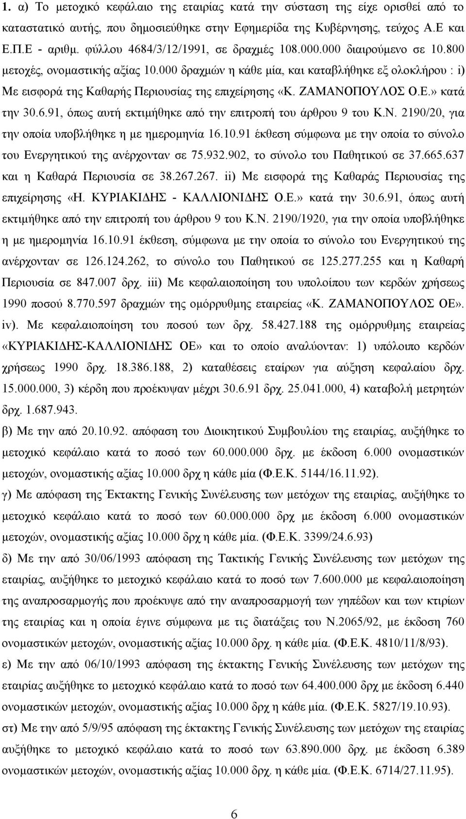 000 δραχμών η κάθε μία, και καταβλήθηκε εξ ολοκλήρου : i) Με εισφορά της Καθαρής Περιουσίας της επιχείρησης «Κ. ΖΑΜΑΝΟΠΟΥΛΟΣ Ο.Ε.» κατά την 30.6.