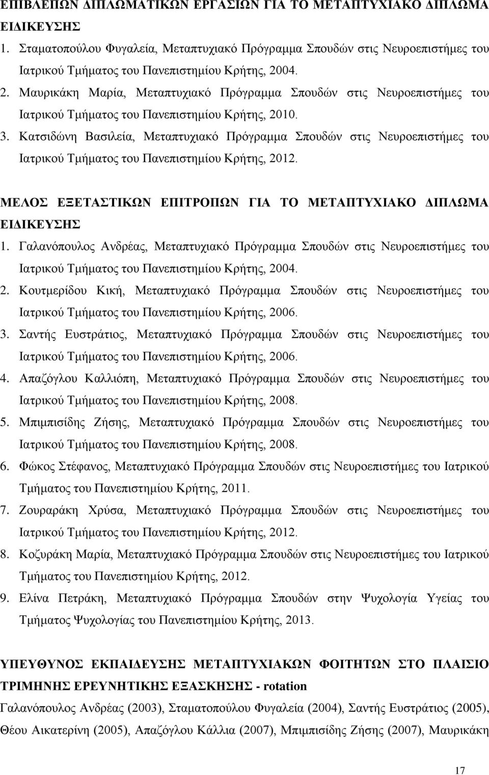 04. 2. Μαυρικάκη Μαρία, Μεταπτυχιακό Πρόγραμμα Σπουδών στις Νευροεπιστήμες του Ιατρικού Τμήματος του Πανεπιστημίου Κρήτης, 2010. 3.