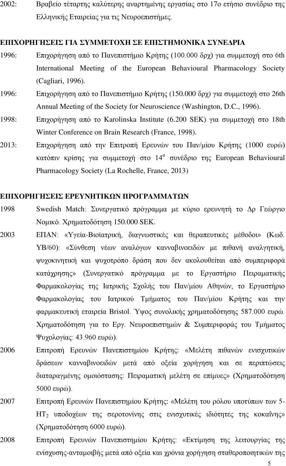 000 δρχ) για συμμετοχή στο 6th International Meeting of the European Behavioural Pharmacology Society (Cagliari, 1996). 1996: Eπιχορήγηση από το Πανεπιστήμιο Kρήτης (150.