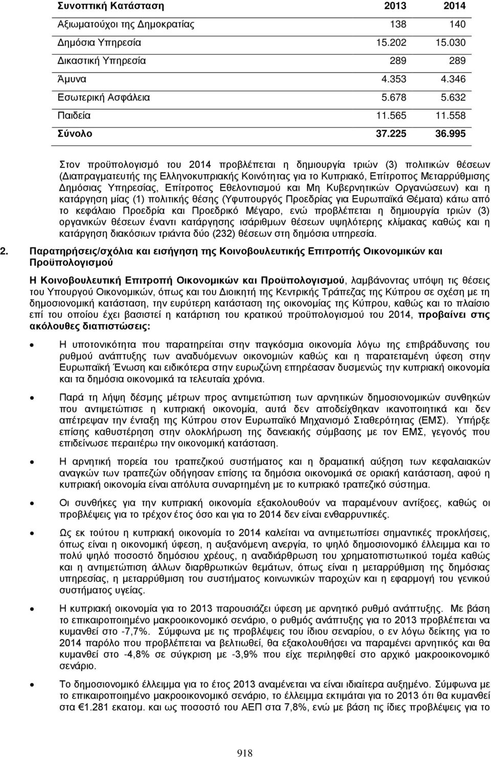 995 Στον προϋπολογισμό του 2014 προβλέπεται η δημιουργία τριών (3) πολιτικών θέσεων (Διαπραγματευτής της Ελληνοκυπριακής Κοινότητας για το Κυπριακό, Επίτροπος Μεταρρύθμισης Δημόσιας Υπηρεσίας,