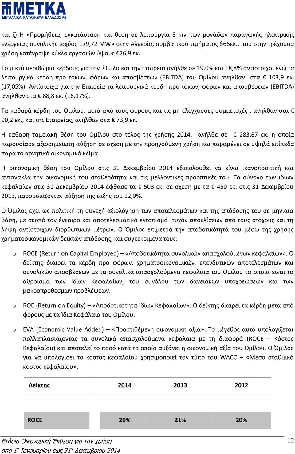 Το μικτό περιθώριο κέρδους για τον Όμιλο και την Εταιρεία ανήλθε σε 19,0% και 18,8% αντίστοιχα, ενώ τα λειτουργικά κέρδη προ τόκων, φόρων και αποσβέσεων (EBITDA) του Ομίλου ανήλθαν στα 103,9 εκ.