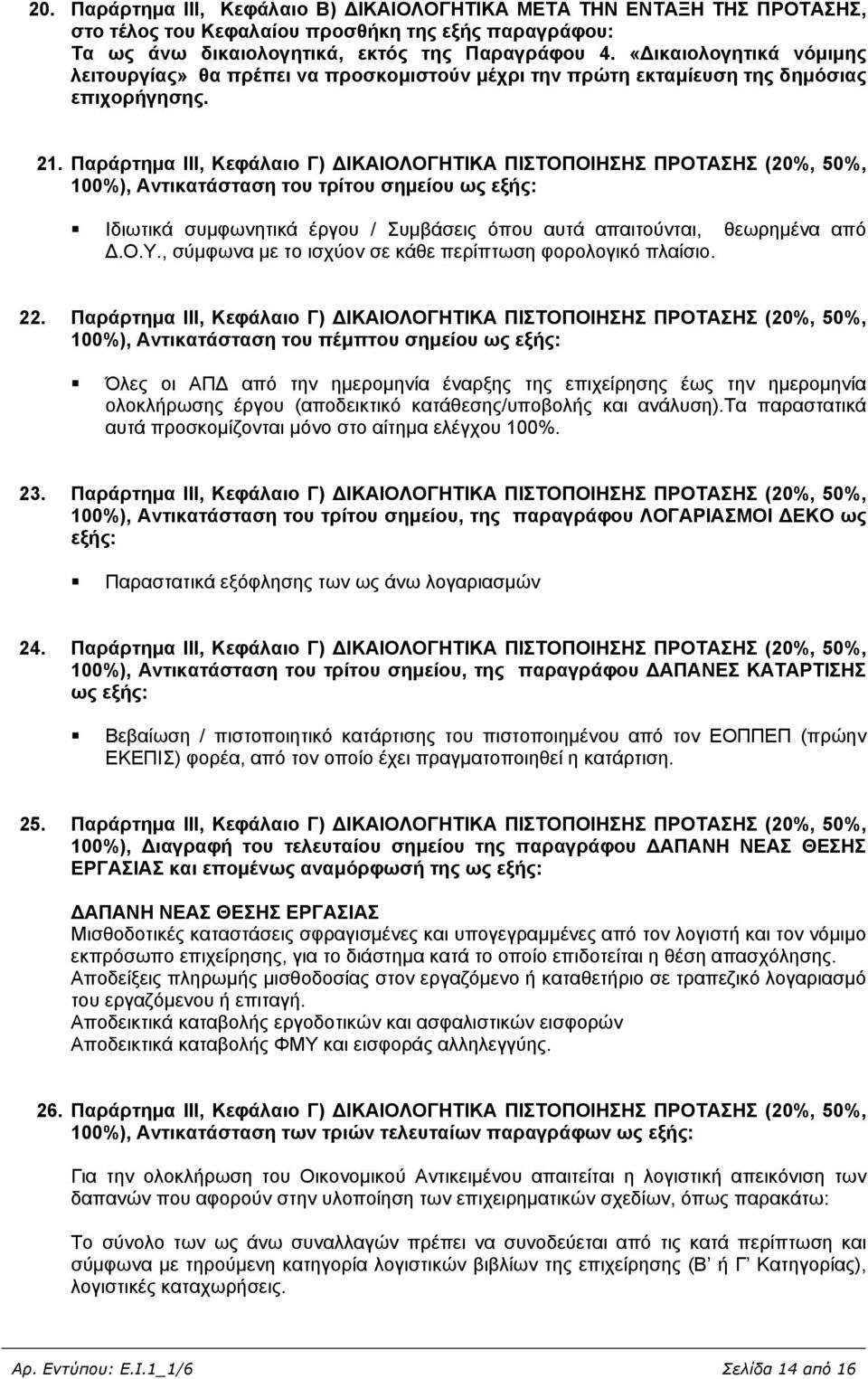 Παράρτημα ΙΙΙ, Κεφάλαιο Γ) ΔΙΚΑΙΟΛΟΓΗΤΙΚΑ ΠΙΣΤΟΠΟΙΗΣΗΣ ΠΡΟΤΑΣΗΣ (20%, 50%, 100%), Αντικατάσταση του τρίτου σημείου ως εξής: Ιδιωτικά συμφωνητικά έργου / Συμβάσεις όπου αυτά απαιτούνται, θεωρημένα από