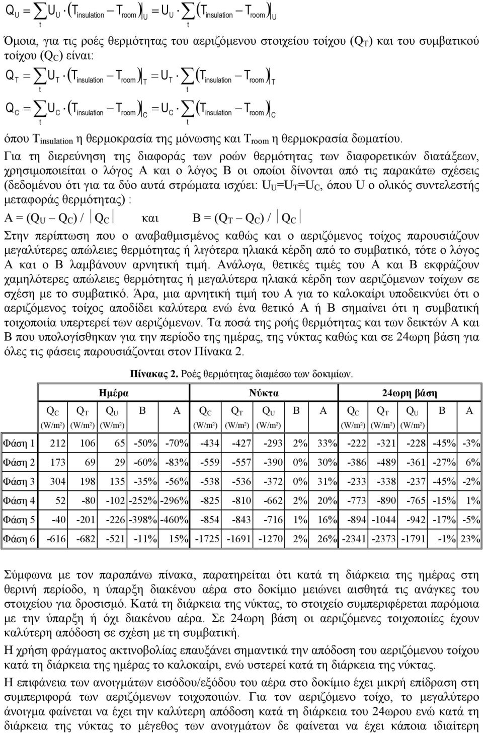 Για τη διερεύνηση της διαφοράς των ροών θερµότητας των διαφορετικών διατάξεων, χρησιµοποιείται ο λόγος Α και ο λόγος Β οι οποίοι δίνονται από τις παρακάτω σχέσεις (δεδοµένου ότι για τα δύο αυτά