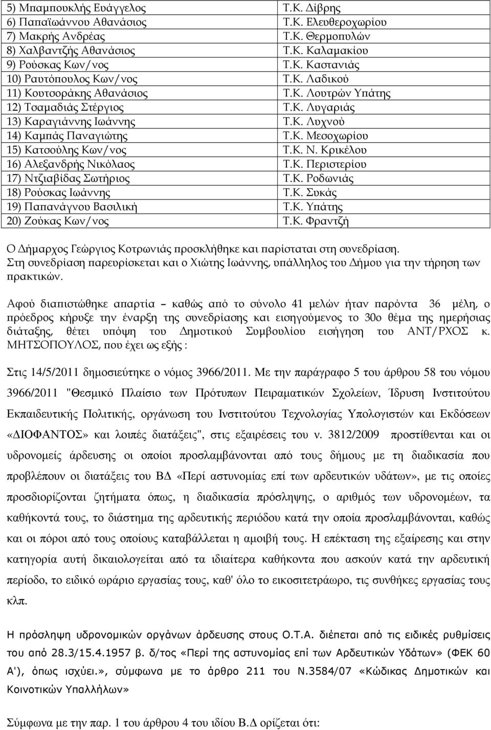Κρικέλου 6) Αλεξανδρής Νικόλαος Τ.Κ. Περιστερίου 7) Ντζιαβίδας Σωτήριος Τ.Κ. Ροδωνιάς 8) Ρούσκας Ιωάννης Τ.Κ. Συκάς 9) Πα ανάγνου Βασιλική Τ.Κ. Υ άτης 20) Ζούκας Κων/νος Τ.Κ. Φραντζή Ο ήµαρχος Γεώργιος Κοτρωνιάς ροσκλήθηκε και αρίσταται στη συνεδρίαση.