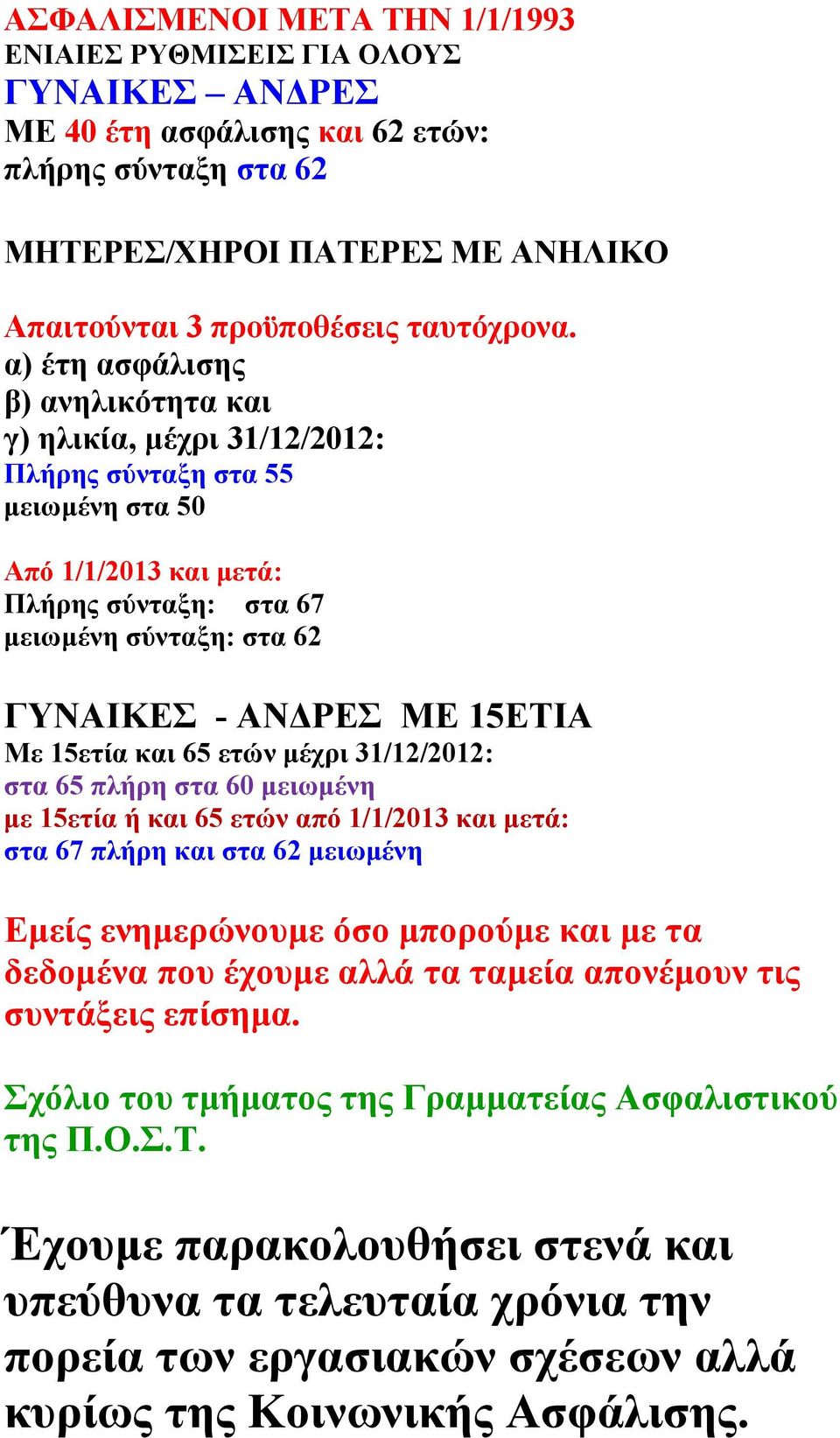 α) έτη ασφάλισης β) ανηλικότητα και γ) ηλικία, μέχρι 31/12/2012: Πλήρης σύνταξη στα 55 μειωμένη στα 50 Από 1/1/2013 και μετά: Πλήρης σύνταξη: στα 67 μειωμένη σύνταξη: στα 62 ΓΥΝΑΙΚΕΣ - ΑΝΔΡΕΣ ΜΕ