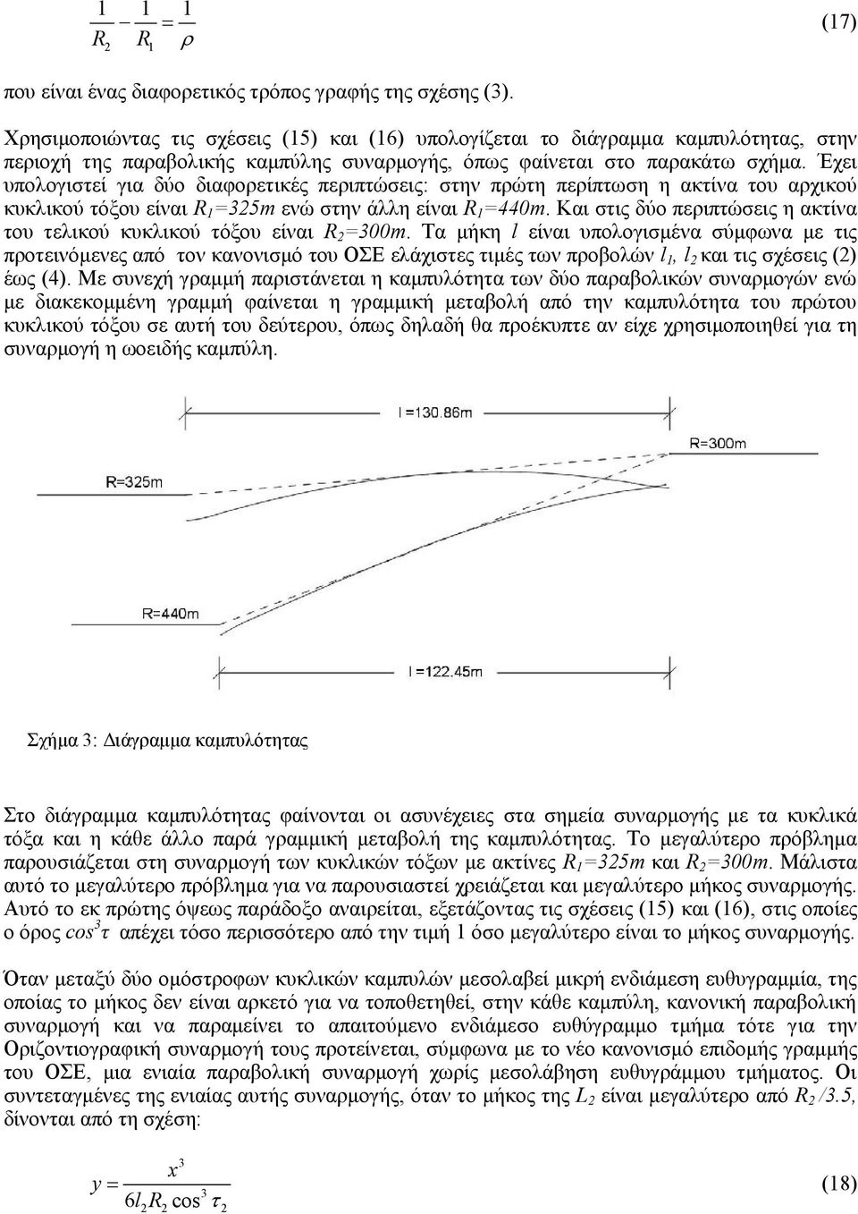 Έχει υπολογιστεί για δύο διαφορετικές περιπτώσεις: στην πρώτη περίπτωση η ακτίνα του αρχικού κυκλικού τόξου είναι R 1 =5m ενώ στην άλλη είναι R 1 =440m.