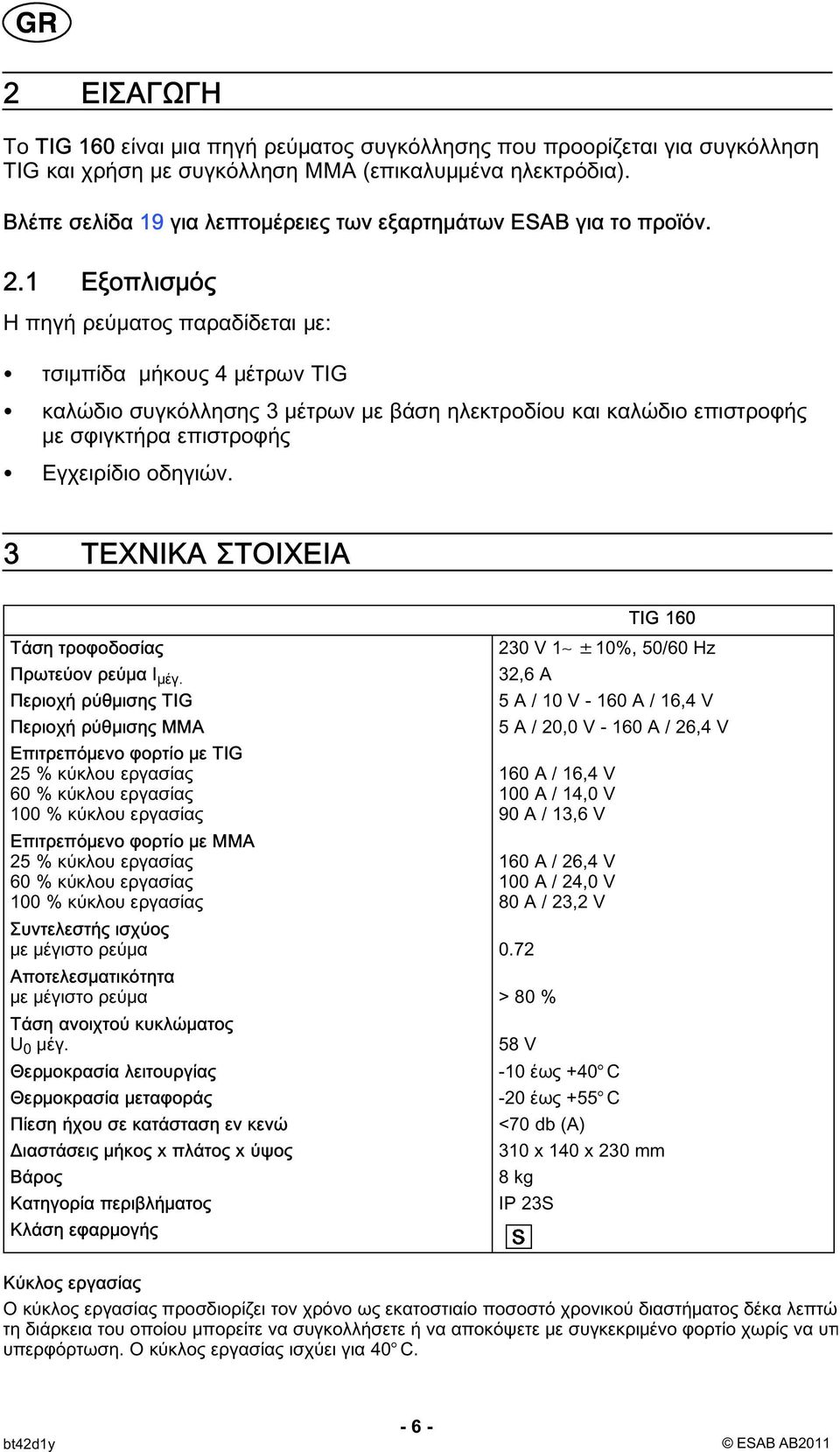 1 Εξοπλισμός Η πηγή ρεύματος παραδίδεται με: τσιμπίδα μήκους 4 μέτρων TIG καλώδιο συγκόλλησης 3 μέτρων με βάση ηλεκτροδίου και καλώδιο επιστροφής με σφιγκτήρα επιστροφής Εγχειρίδιο οδηγιών.