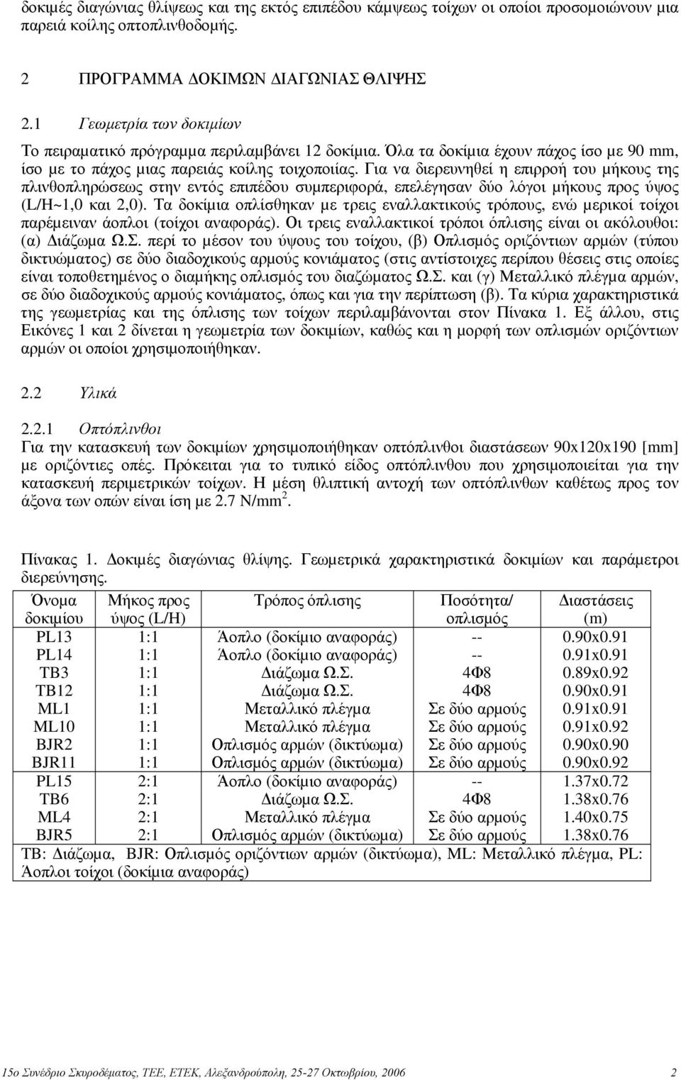 Για να διερευνηθεί η επιρροή του µήκους της πλινθοπληρώσεως στην εντός επιπέδου συµπεριφορά, επελέγησαν δύο λόγοι µήκους προς ύψος (L/H~1,0 και 2,0).