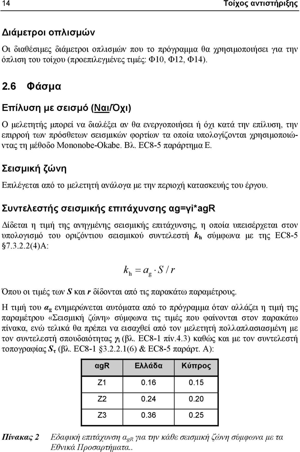 μέθοδο Mononobe-Okabe. Βλ. EC8-5 παράρτημα Ε. Σεισμική ζώνη Επιλέγεται από το μελετητή ανάλογα με την περιοχή κατασκευής του έργου.