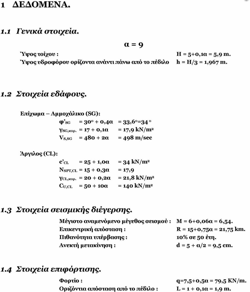 = 17 + 0,1α = 1 7,9 kn/m 2 V s,sg = 480 + 2α = 498 m/sec Άργιλος (CL): c c l = 25 + 1,0α = 3 4 kn/m2 N s p t,c l = 15 + 0,3α = *7,9 Y c l,k o P.