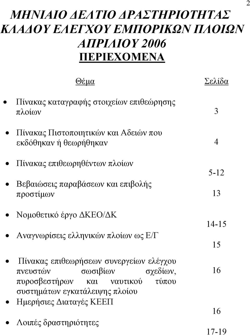 παραβάσεων και επιβολής προστίμων 13 Νομοθετικό έργο ΔΚΕΟ/ΔΚ Αναγνωρίσεις ελληνικών πλοίων ως Ε/Γ Πίνακας επιθεωρήσεων συνεργείων ελέγχου