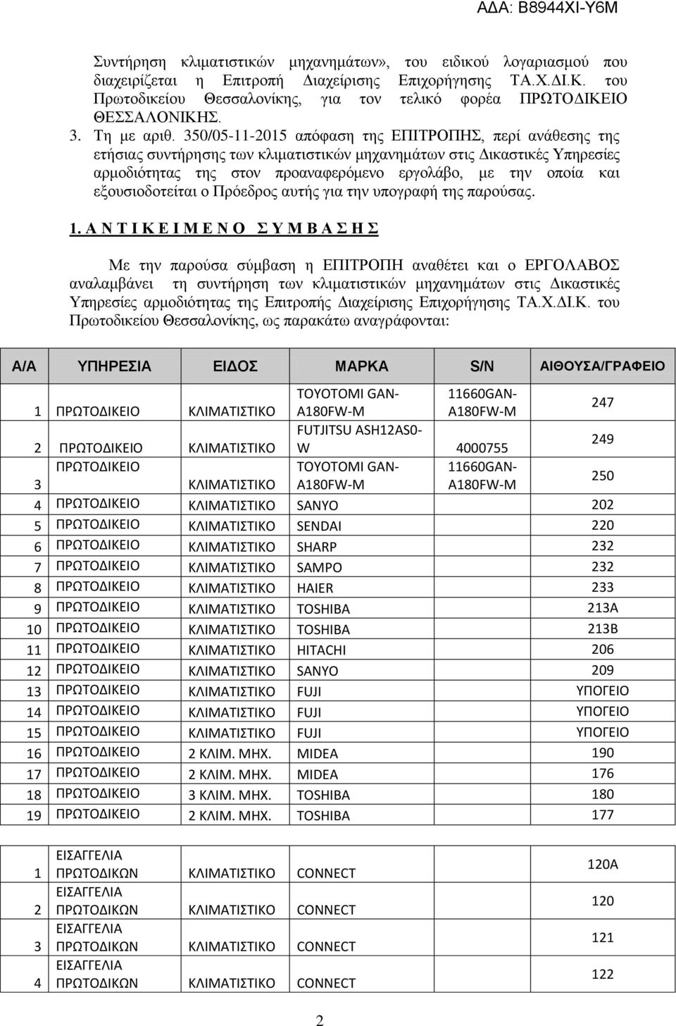 50/05-11-015 απόφαση της ΕΠΙΤΡΟΠΗΣ, περί ανάθεσης της ετήσιας συντήρησης των κλιματιστικών μηχανημάτων στις Δικαστικές Υπηρεσίες αρμοδιότητας της στον προαναφερόμενο εργολάβο, με την οποία και