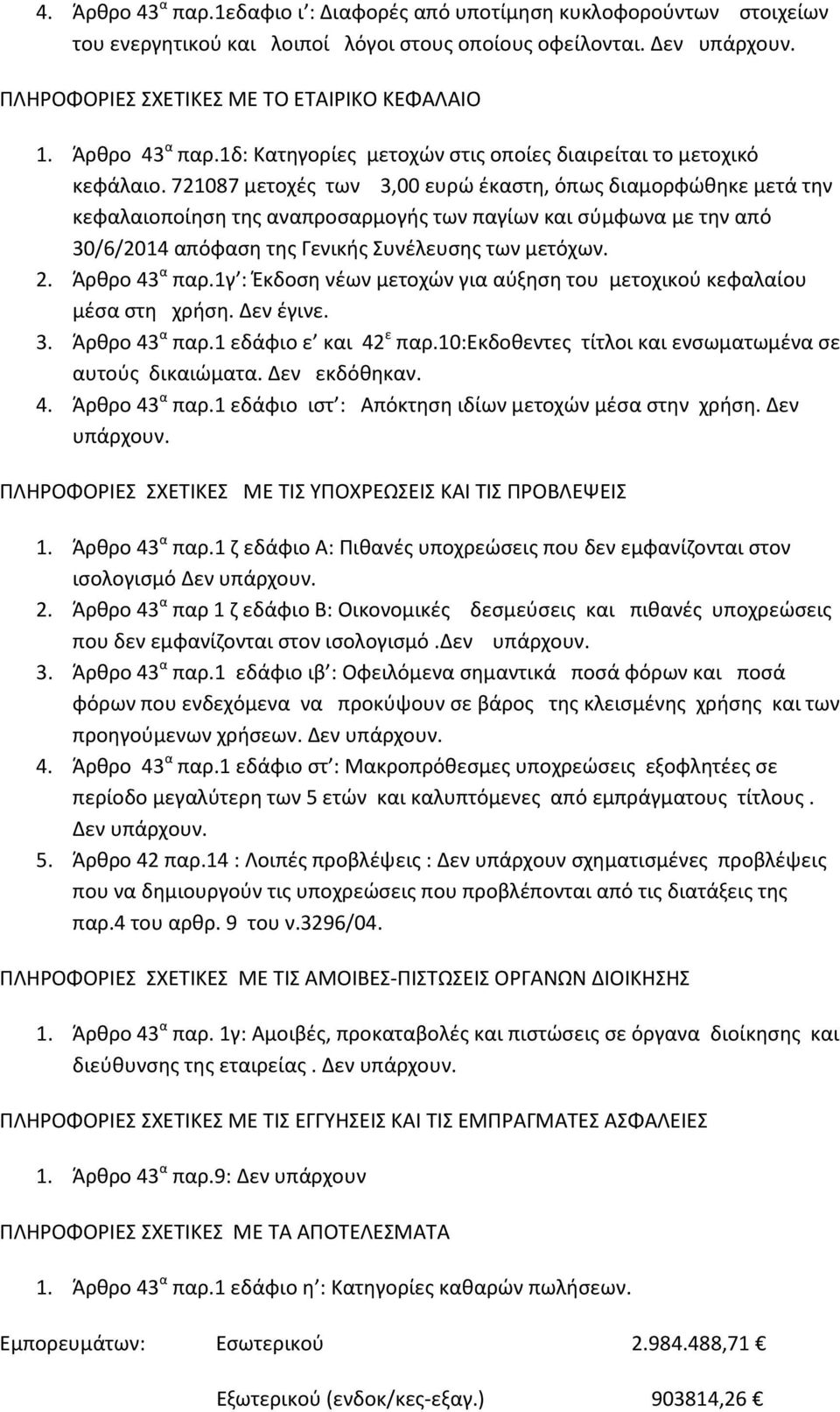 721087 μετοχές των 3,00 ευρώ έκαστη, όπως διαμορφώθηκε μετά την κεφαλαιοποίηση της αναπροσαρμογής των παγίων και σύμφωνα με την από 30/6/2014 απόφαση της Γενικής Συνέλευσης των μετόχων. 2.