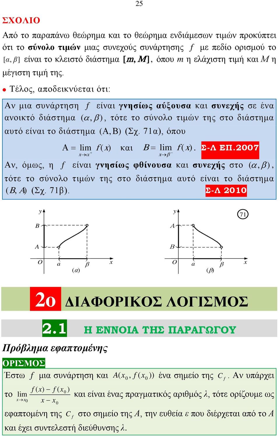 7 β f γνησίως φθίνουσα συνεχής ( α, β ), ( B, A) Σ-Λ y y 7 B A O a ( ) O a ( )