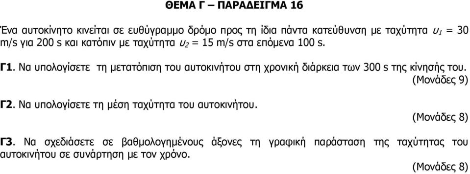 Να υπολογίσετε τη μετατόπιση του αυτοκινήτου στη χρονική διάρκεια των 300 s της κίνησής του. Γ2.