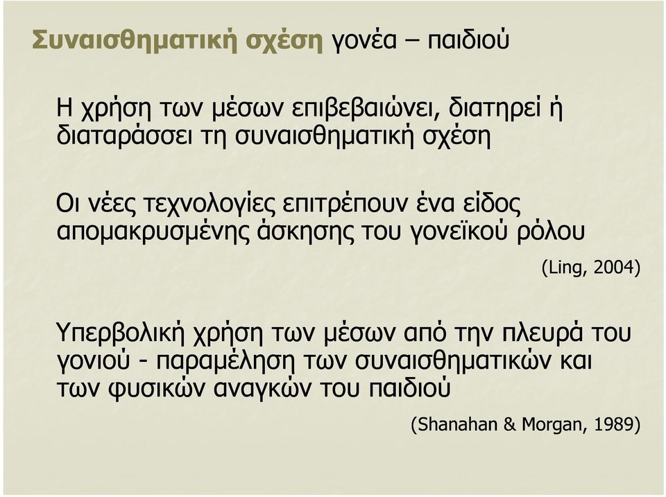 του γονεϊκού ρόλου (Ling, 2004) Υπερβολική χρήση των μέσων από την πλευρά του γονιού -