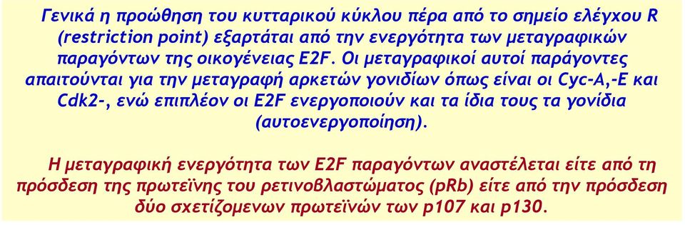 Οι μεταγραφικοί αυτοί παράγοντες απαιτούνται για την μεταγραφή αρκετών γονιδίων όπως είναι οι Cyc-Α,-Ε και Cdk2-, ενώ επιπλέον οι E2F