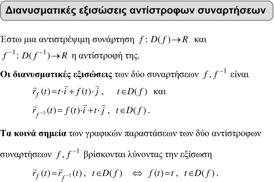 Οι διανυσµατικές εξισώσεις των δύο συναρτήσεων rf ( t) = t i+ f ( t) j, t D( f ) και r 1 ( t) = f ( t) i+ t