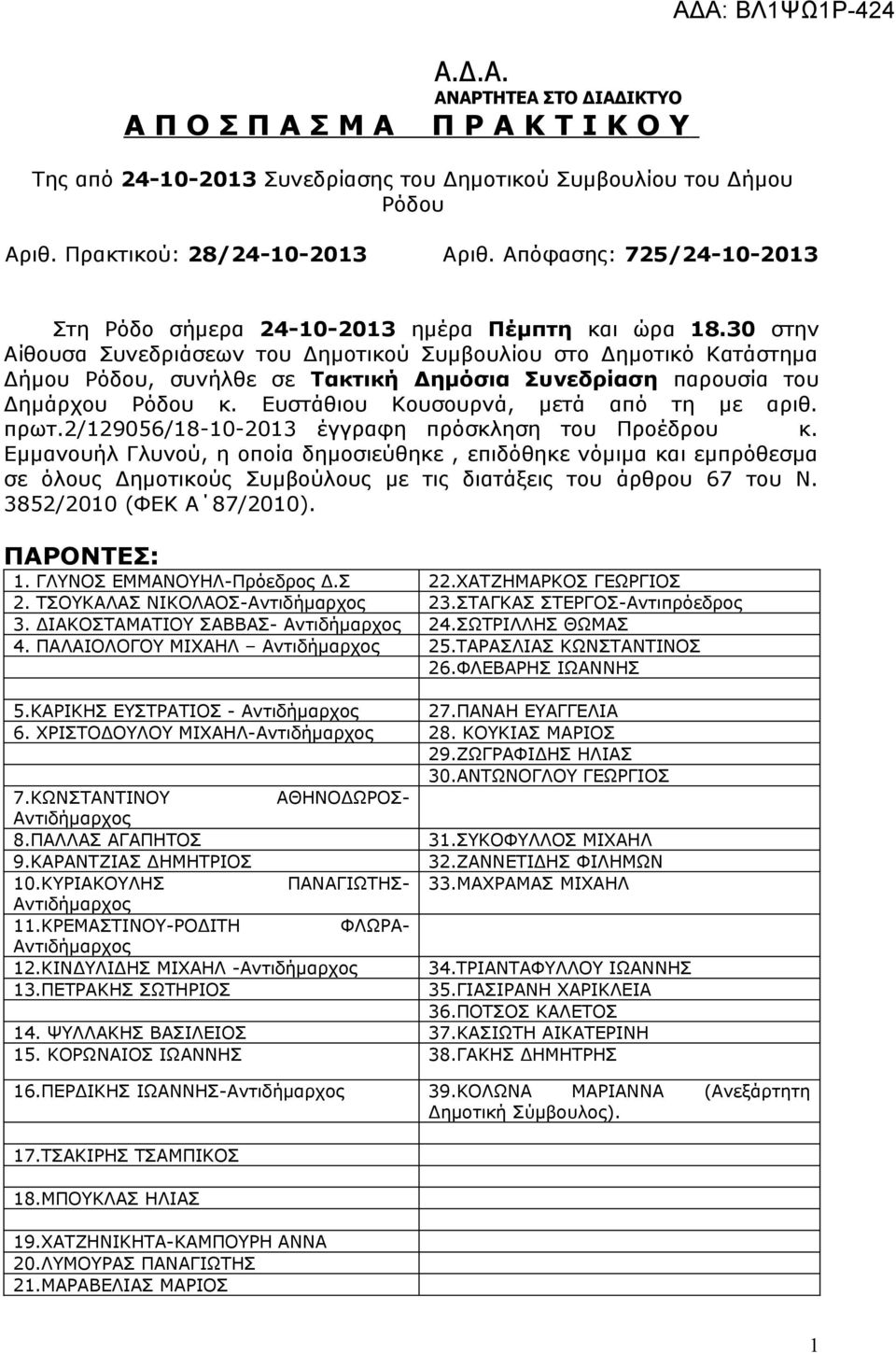 30 στην Αίθουσα Συνεδριάσεων του Δημοτικού Συμβουλίου στο Δημοτικό Κατάστημα Δήμου Ρόδου, συνήλθε σε Τακτική Δημόσια Συνεδρίαση παρουσία του Δημάρχου Ρόδου κ. Ευστάθιου Κουσουρνά, μετά από τη με αριθ.