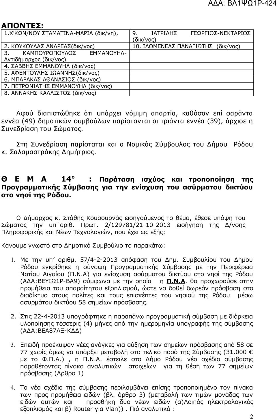 ΑΝΝΑΚΗΣ ΚΑΛΛΙΣΤΟΣ (δικ/νος) Αφού διαπιστώθηκε ότι υπάρχει νόμιμη απαρτία, καθόσον επί σαράντα εννέα (49) δημοτικών συμβούλων παρίστανται οι τριάντα εννέα (39), άρχισε η Συνεδρίαση του Σώματος.