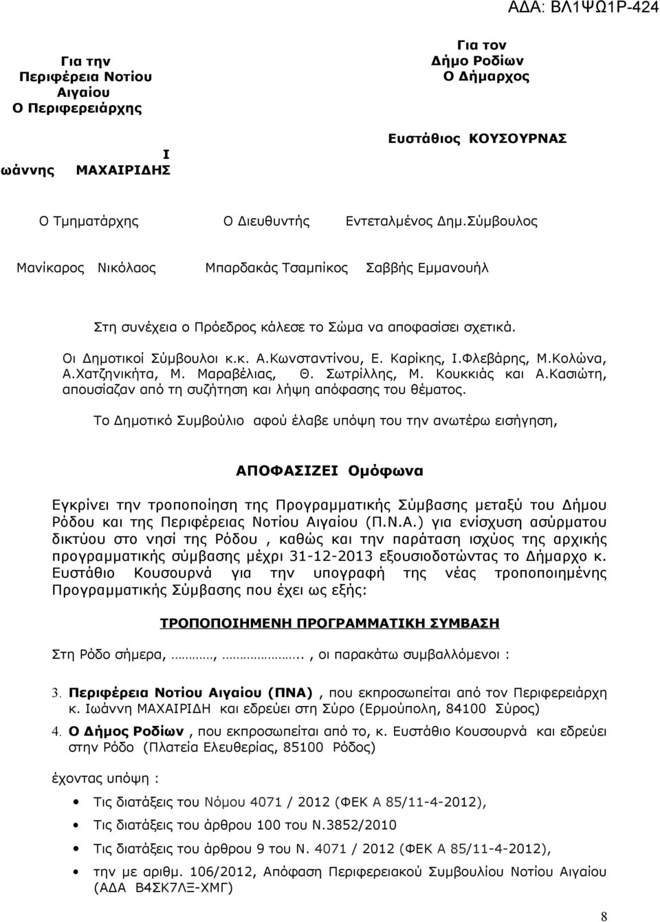 Κολώνα, Α.Χατζηνικήτα, Μ. Μαραβέλιας, Θ. Σωτρίλλης, Μ. Κουκκιάς και Α.Κασιώτη, απουσίαζαν από τη συζήτηση και λήψη απόφασης του θέματος.
