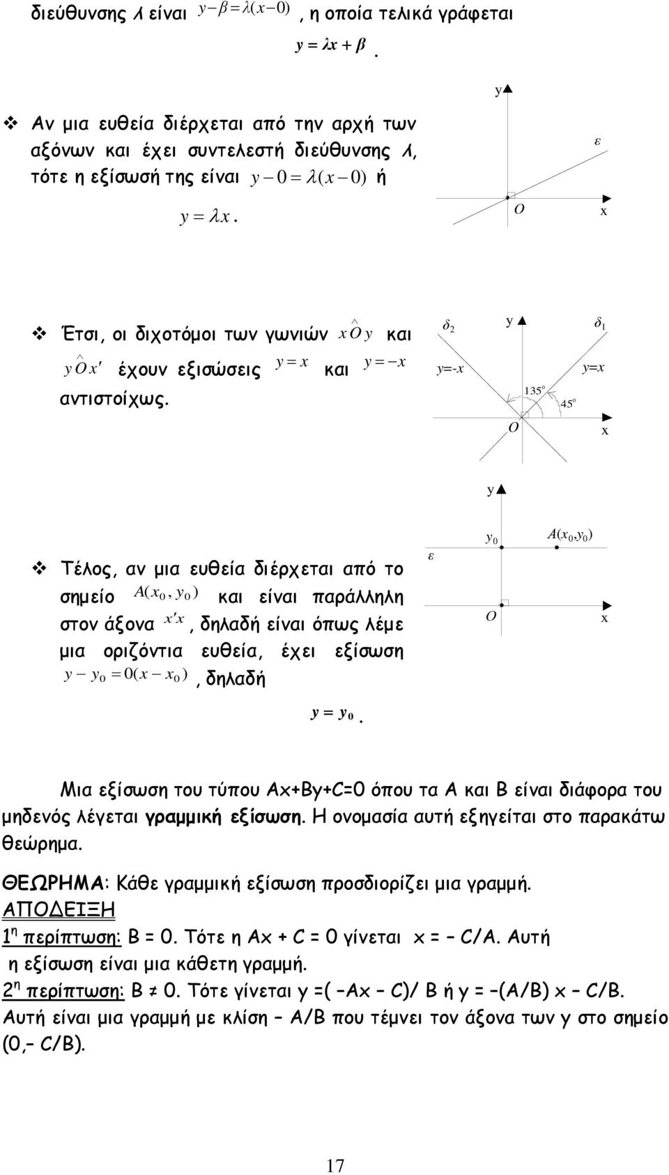 έχουν εξισώσεις y= x x O y και και y= x δ 2 y δ 1 y=-x y=x 135 o 45 o Ο x y Τέλος, αν µια ευθεία διέρχεται από το σηµείο A ( x 0, y0 ) και είναι παράλληλη x x στον άξονα, δηλαδή είναι όπως λέµε µια
