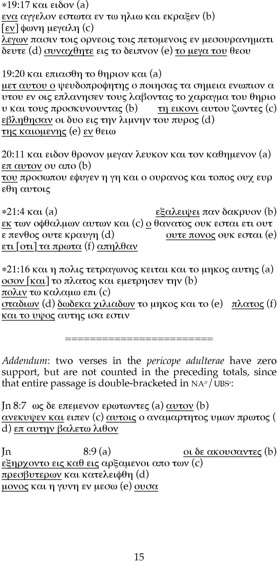 ζωντες (c) εβληθησαν οι δυο εις την λιµνην του πυρος (d) της καιοµενης (e) εν θειω 20:11 και ειδον θρονον µεγαν λευκον και τον καθηµενον (a) επ αυτον ου απο (b) του προσωπου εφυγεν η γη και ο ουρανος