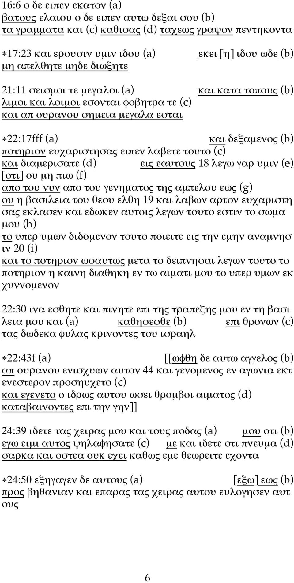 τουτο (c) και διαµερισατε (d) εις εαυτους 18 λεγω γαρ υµιν (e) [οτι] ου µη πιω (f) απο του νυν απο του γενηµατος της αµπελου εως (g) ου η βασιλεια του θεου ελθη 19 και λαβων αρτον ευχαριστη σας