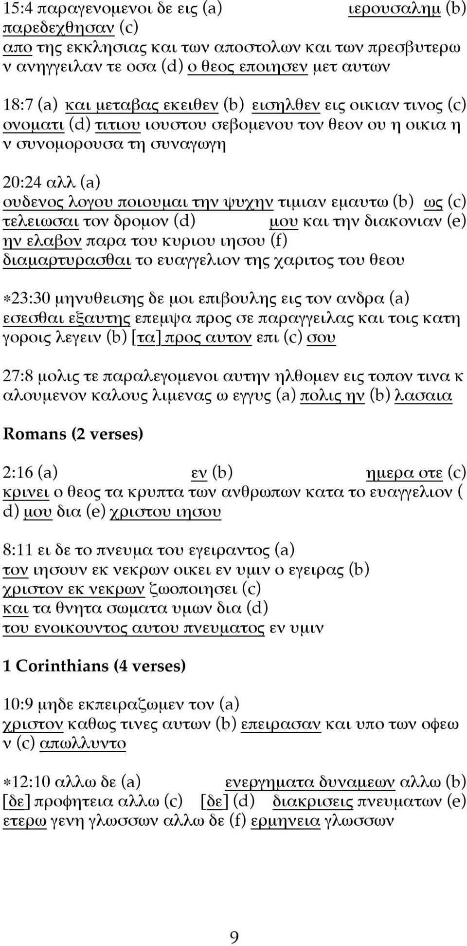 δροµον (d) µου και την διακονιαν (e) ην ελαβον παρα του κυριου ιησου (f) διαµαρτυρασθαι το ευαγγελιον της χαριτος του θεου 23:30 µηνυθεισης δε µοι επιβουλης εις τον ανδρα (a) εσεσθαι εξαυτης επεµψα