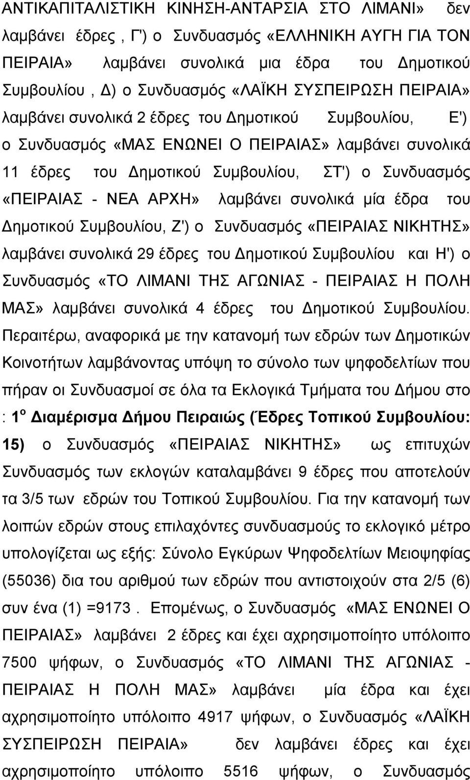 λαμβάνει συνολικά μία έδρα του ημοτικού Συμβουλίου, Ζ') ο Συνδυασμός «ΠΕΙΡΑΙΑΣ ΝΙΚΗΤΗΣ» λαμβάνει συνολικά 29 έδρες του ημοτικού Συμβουλίου και Η') ο Συνδυασμός «ΤΟ ΛΙΜΑΝΙ ΤΗΣ ΑΓΩΝΙΑΣ - ΠΕΙΡΑΙΑΣ Η