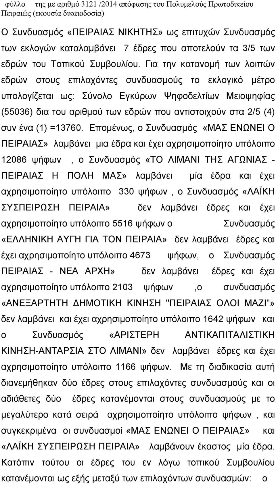 Για την κατανομή των λοιπών εδρών στους επιλαχόντες συνδυασμούς το εκλογικό μέτρο υπολογίζεται ως: Σύνολο Εγκύρων Ψηφοδελτίων Μειοψηφίας (55036) δια του αριθμού των εδρών που αντιστοιχούν στα 2/5 (4)