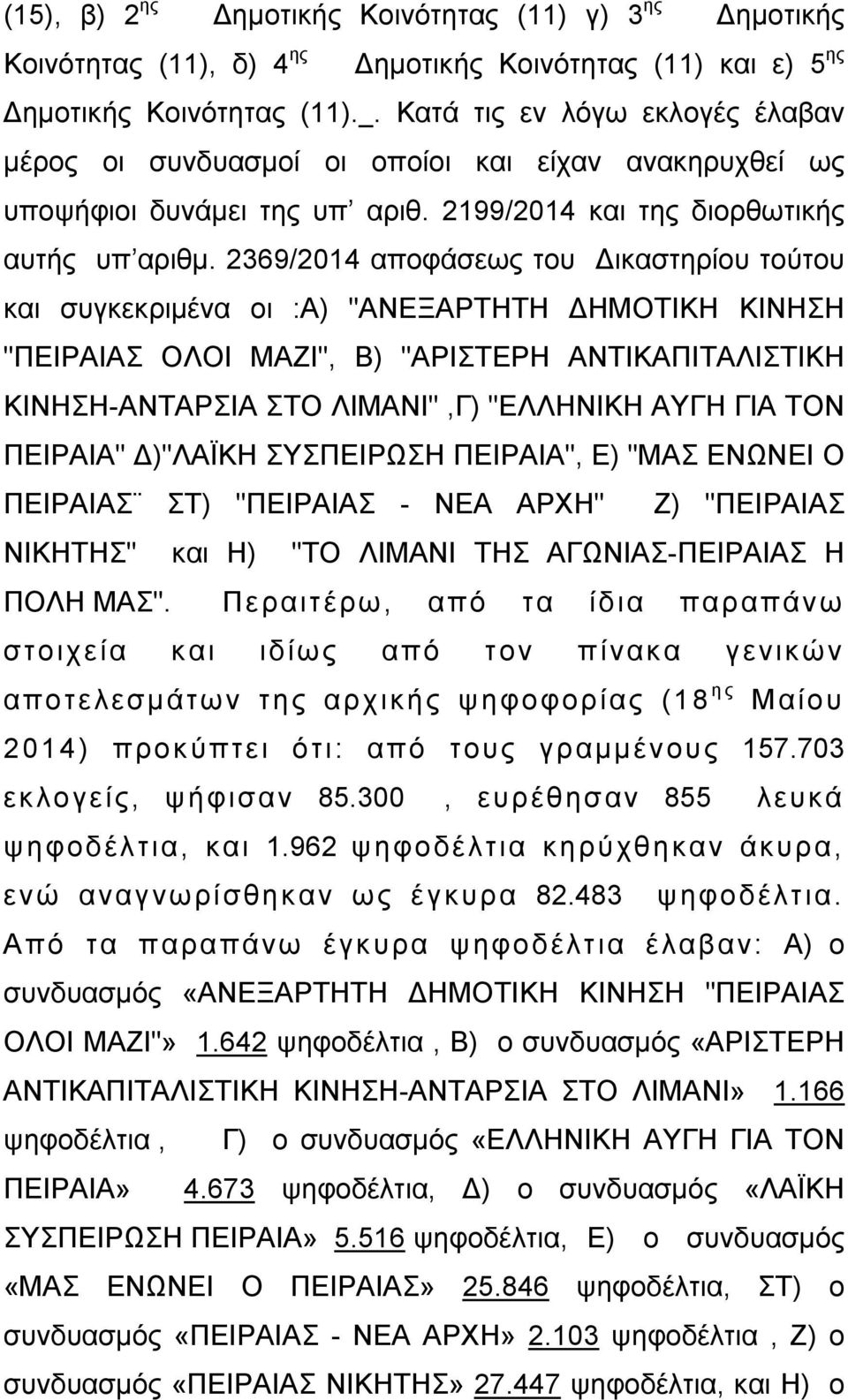 2369/2014 αποφάσεως του ικαστηρίου τούτου και συγκεκριμένα οι :Α) "ΑΝΕΞΑΡΤΗΤΗ ΗΜΟΤΙΚΗ ΚΙΝΗΣΗ "ΠΕΙΡΑΙΑΣ ΟΛΟΙ ΜΑΖΙ", Β) "ΑΡΙΣΤΕΡΗ ΑΝΤΙΚΑΠΙΤΑΛΙΣΤΙΚΗ ΚΙΝΗΣΗ-ΑΝΤΑΡΣΙΑ ΣΤΟ ΛΙΜΑΝΙ",Γ) "ΕΛΛΗΝΙΚΗ ΑΥΓΗ ΓΙΑ ΤΟΝ