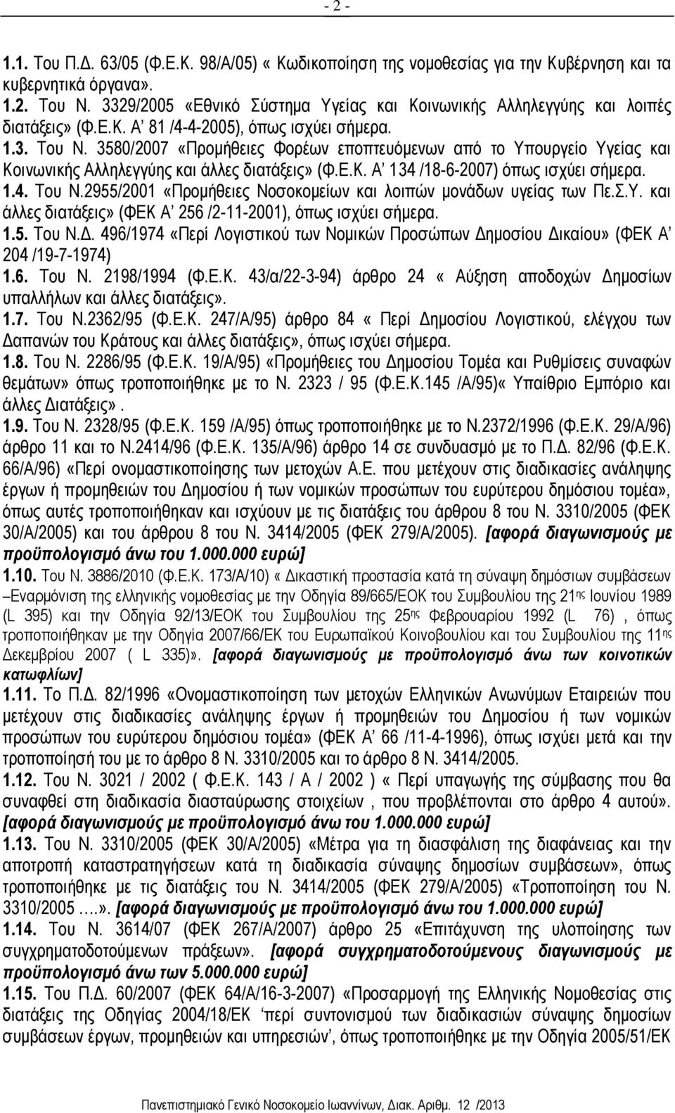 3580/2007 «Προμήθειες Φορέων εποπτευόμενων από το Υπουργείο Υγείας και Κοινωνικής Αλληλεγγύης και άλλες διατάξεις» (Φ.Ε.Κ. Α 134 /18-6-2007) όπως ισχύει σήμερα. 1.4. Του Ν.