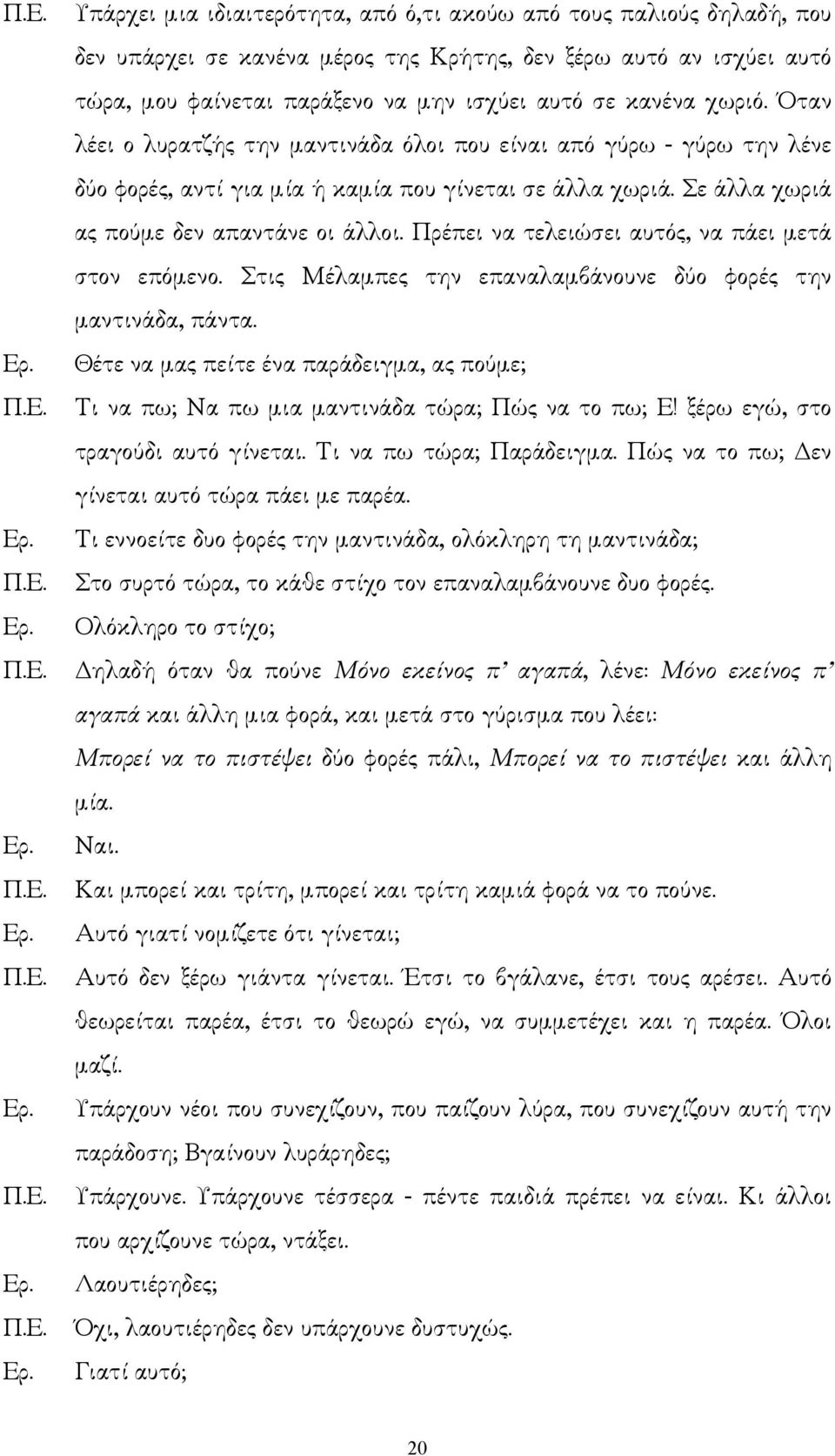 Πρέπει να τελειώσει αυτός, να πάει µετά στον επόµενο. Στις Μέλαµπες την επαναλαµβάνουνε δύο φορές την µαντινάδα, πάντα.