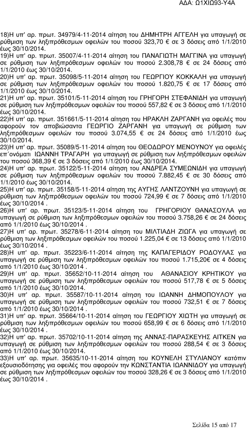 820,75 σε 17 δόσεις από 1/1/2010 21)Η υπ' αρ. πρωτ. 35101/5-11-2014 αίτηση του ΓΡΗΓΟΡΗ ΣΤΕΦΑΝΙ Η για υπαγωγή σε ρύθµιση των ληξιπρόθεσµων οφειλών του ποσού 557,82 σε 3 δόσεις από 1/1/2010 22)Η υπ' αρ.