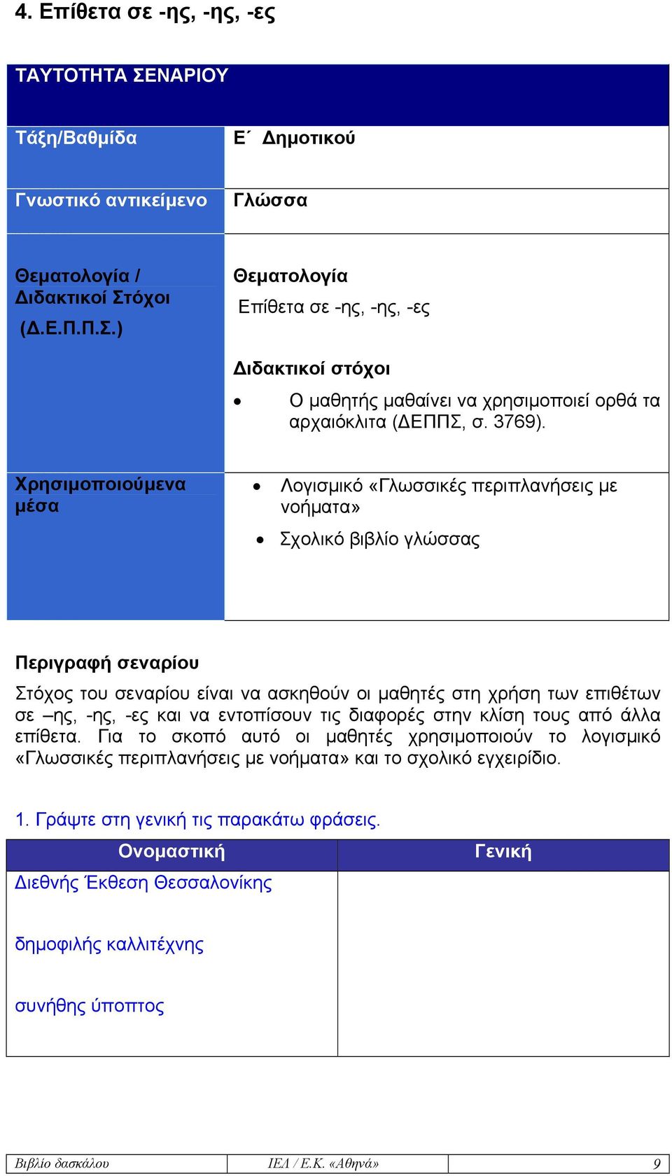 Χρησιµοποιούµενα µέσα Λογισµικό «Γλωσσικές περιπλανήσεις µε νοήµατα» Σχολικό βιβλίο γλώσσας Περιγραφή σεναρίου Στόχος του σεναρίου είναι να ασκηθούν οι µαθητές στη χρήση των επιθέτων σε ης, -ης, -ες