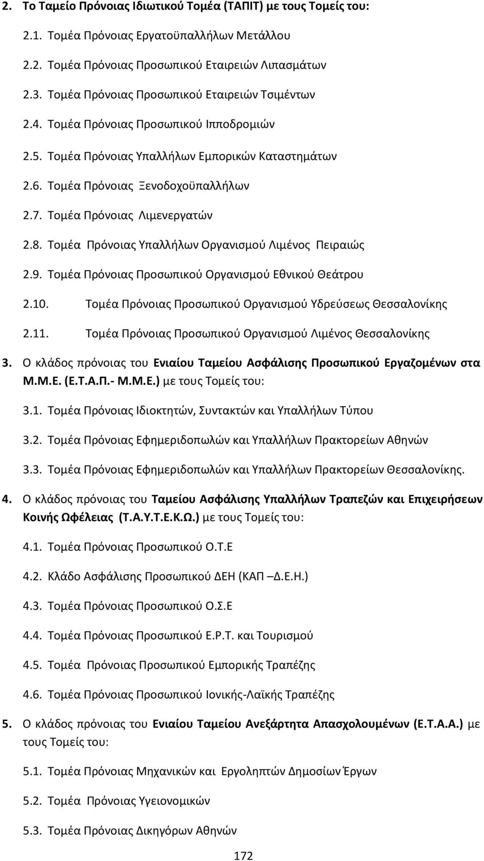 Τομέα Πρόνοιας Λιμενεργατών 2.8. Τομέα Πρόνοιας Υπαλλήλων Οργανισμού Λιμένος Πειραιώς 2.9. Τομέα Πρόνοιας Προσωπικού Οργανισμού Εθνικού Θεάτρου 2.10.