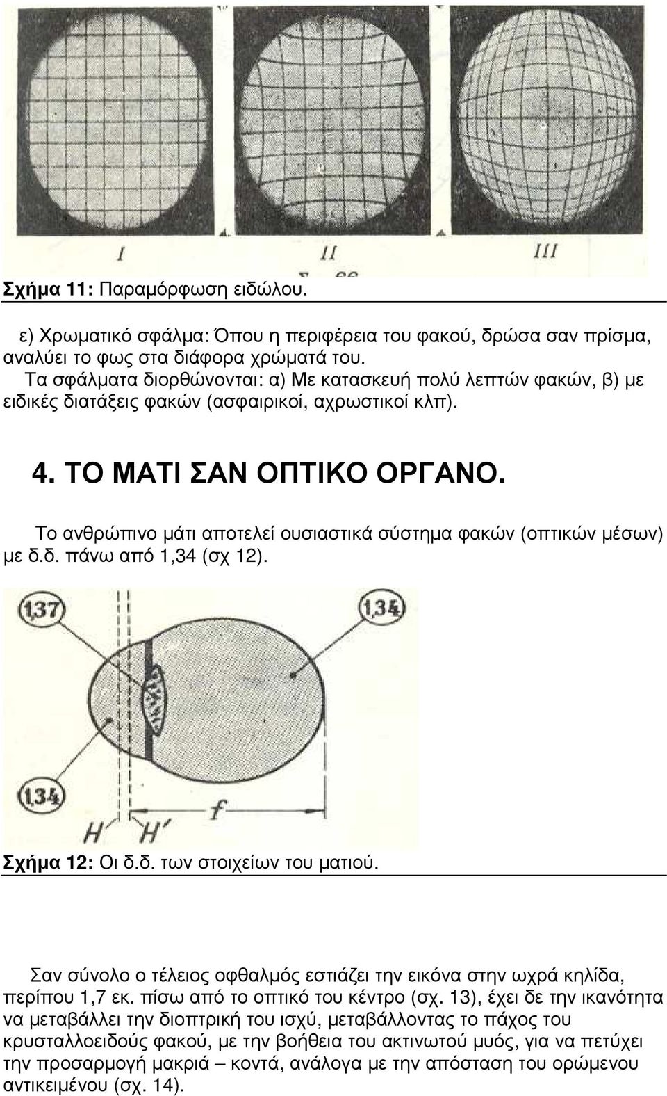 Το ανθρώπινο µάτι αποτελεί ουσιαστικά σύστηµα φακών (οπτικών µέσων) µε δ.δ. πάνω από 1,34 (σχ 12). Σχήµα 12: Οι δ.δ. των στοιχείων του µατιού.