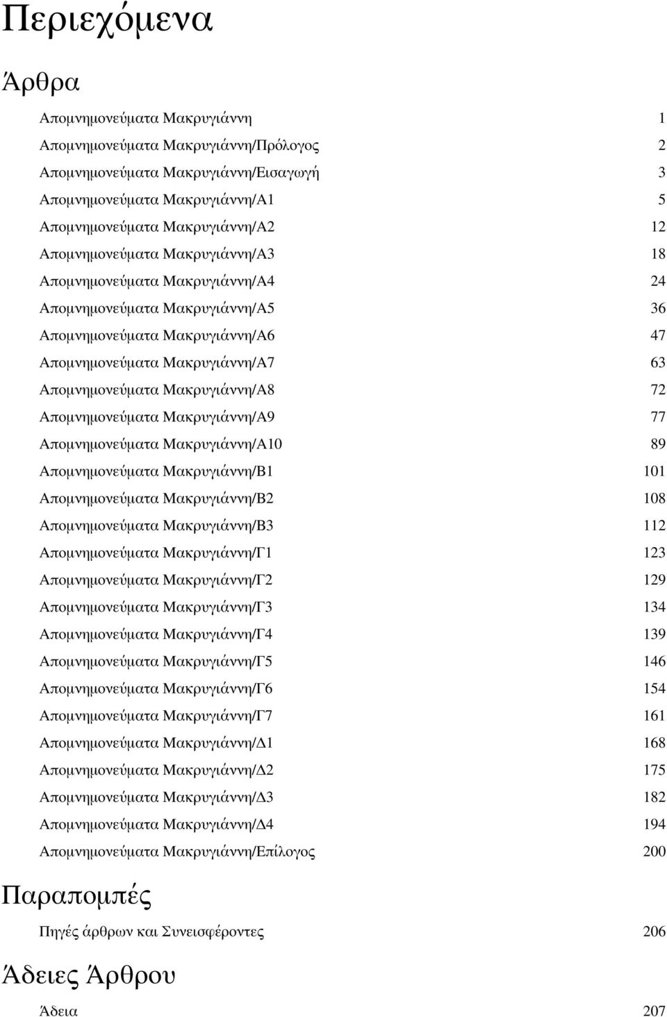 Μακρυγιάννη/Α8 72 Απομνημονεύματα Μακρυγιάννη/Α9 77 Απομνημονεύματα Μακρυγιάννη/Α10 89 Απομνημονεύματα Μακρυγιάννη/Β1 101 Απομνημονεύματα Μακρυγιάννη/Β2 108 Απομνημονεύματα Μακρυγιάννη/Β3 112